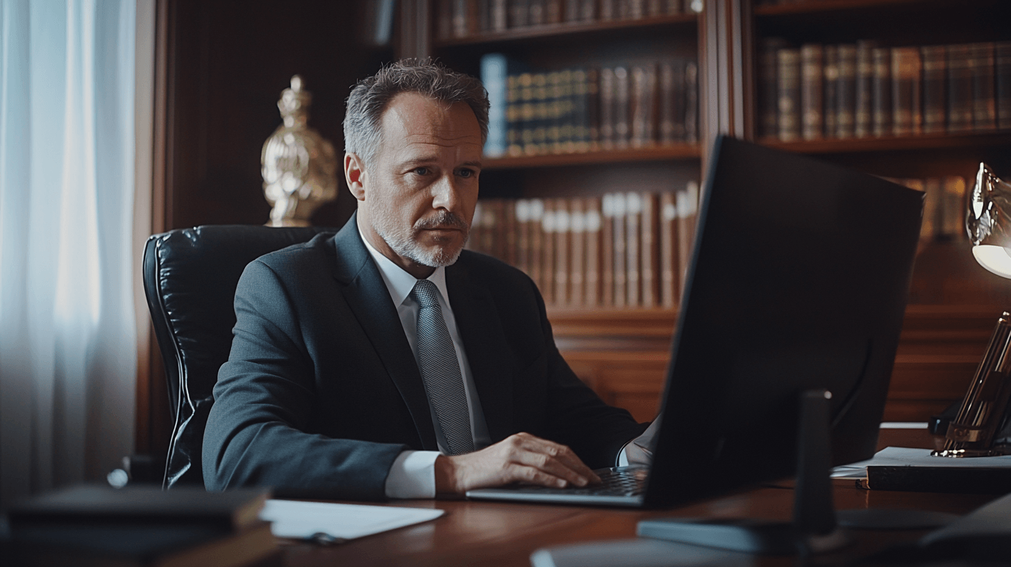 Lawyer conducting research in a modern office setting